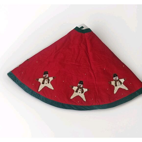 Vtg HANDMADE Christmas Felt Tree Skirt Sequins Beaded Snowman Star Retro 52" - Picture 2 of 7